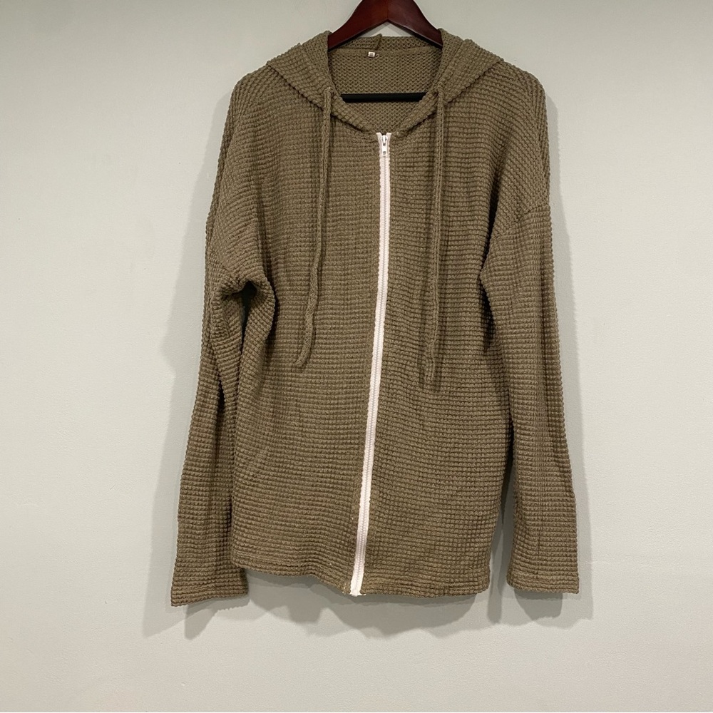 Olive Green Waffle Knit Zip-Up Hoodie Lightweight Women's Size XL